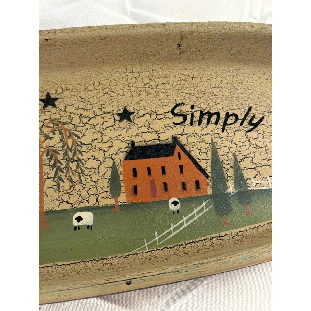 Live Simply Primitive Folk Art Oval Tray Crackle Finish Saltbox House Sheep 15in